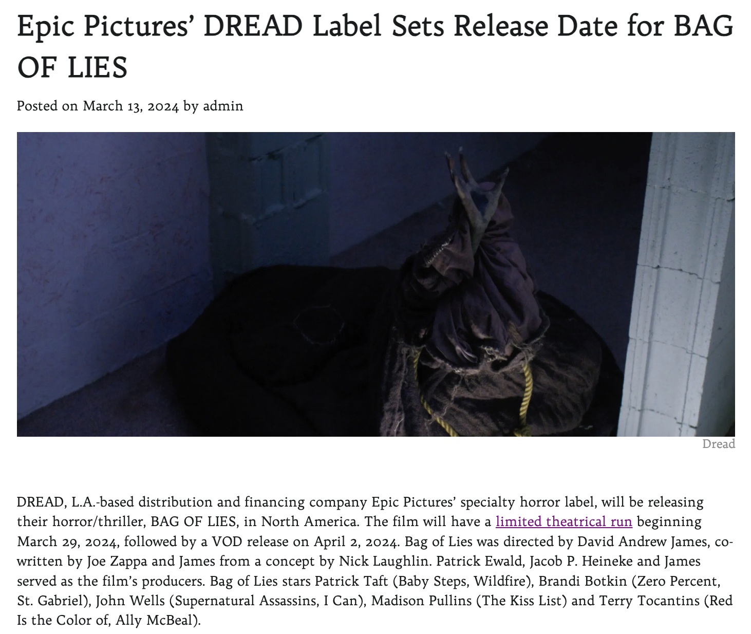 Epic Pictures’ DREAD Label Sets Release Date for BAG OF LIES